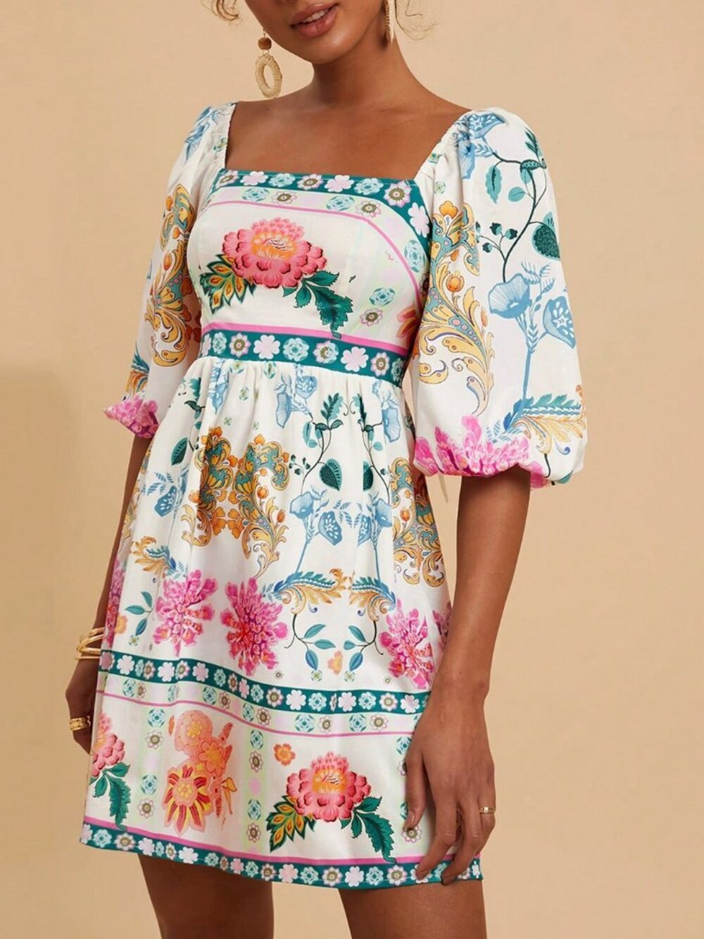 Multicolor Boho Women's Woven Print Short Sleeve V-Neck Mini Dress Festival - Picture 5 of 7